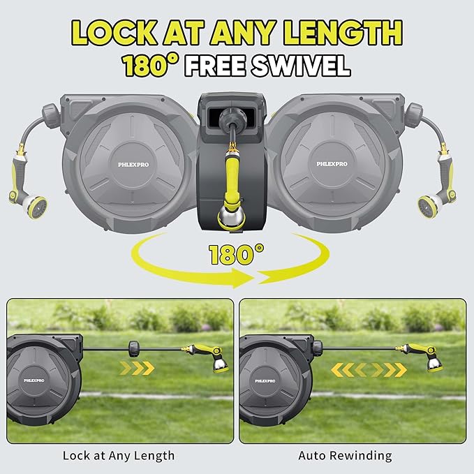 160 FT x 1/2" Retractable Garden Hose Reel - PHLEXPRO Heavy Duty Hose Reel Wall Mount - 3/4in Brass Fitting 10Pattern Nozzle, Any Length Lock, Automatic Slow Retraction 180° Swivel, UV Resistant