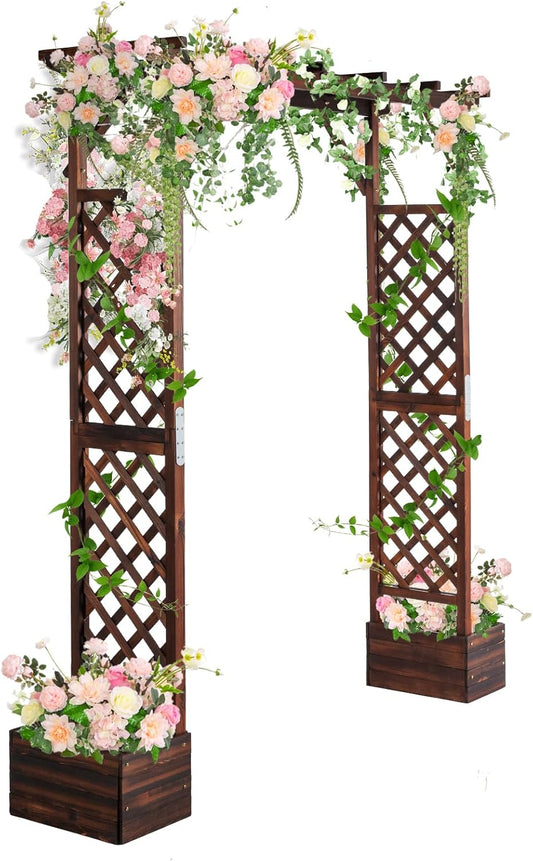 VINGLI Wooden Garden Arbor with Planter, Wedding Arch for Ceremony, Wood Garden Arbour Trellis for Plant Climbing, Pergola for Garden Backyard, Lawn, Outdoor (Carbonized Wood)