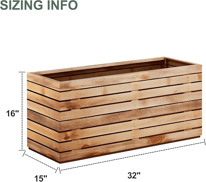 Rectangular Planters for Outdoor Plants, Large Planter Box with Drainage Holes, Metal Balck Palnters for Patio, Garden (32" L x 15" W x 16" H, Walnut Wood Grain)