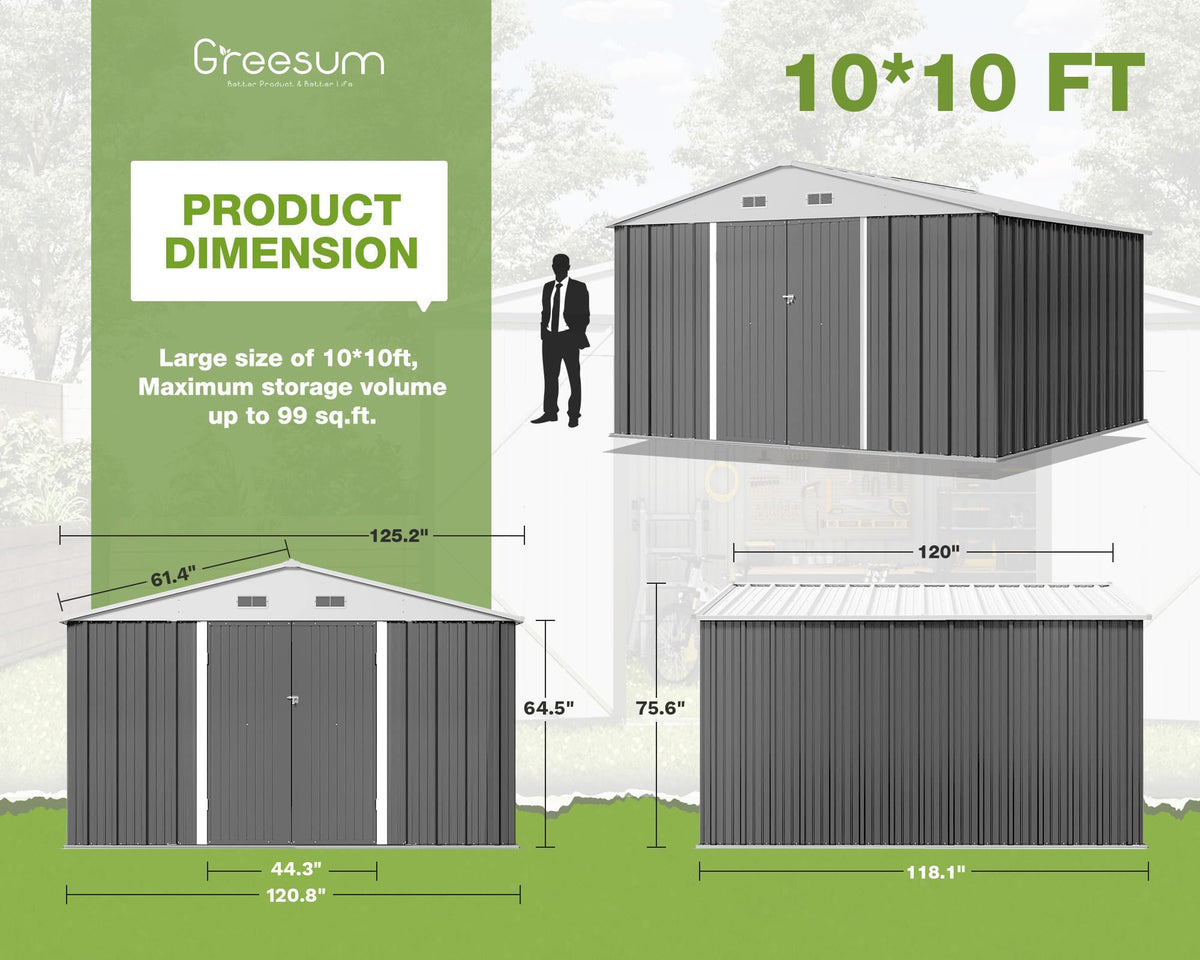 10x10FT Outdoor Storage Shed Utility Tool Shed (10x10 / Gray)