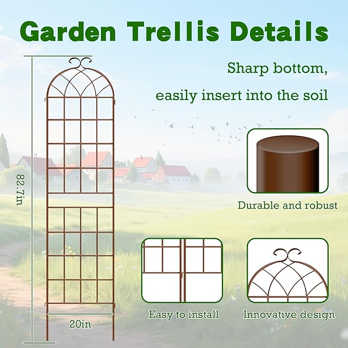 LZRS 2 Pack 83x20in Rustic Iron Arch Decoration Garden Trellis with Black Metal Coating – Perfect for Supporting Climbing Plants Outdoor, Roses, Vines, Flowers, and Vegetables,Brown