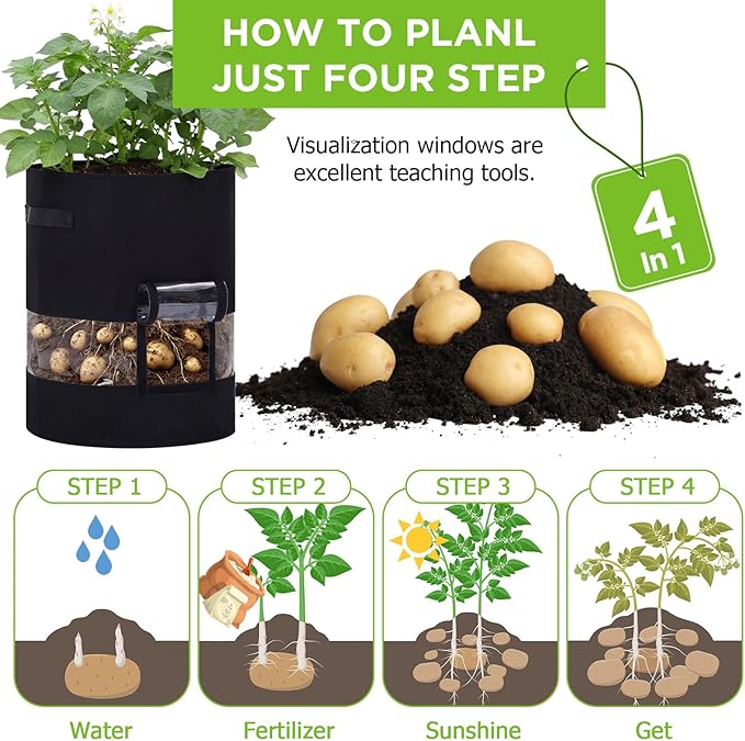 Baderke 2 Pack Visible Potato Grow Bags with Harvest Window, 360 Visibility Plant Grow Bags with Handles for Planting Potatoes, Tomatoes and Vegetables (20 Gallon,Black)