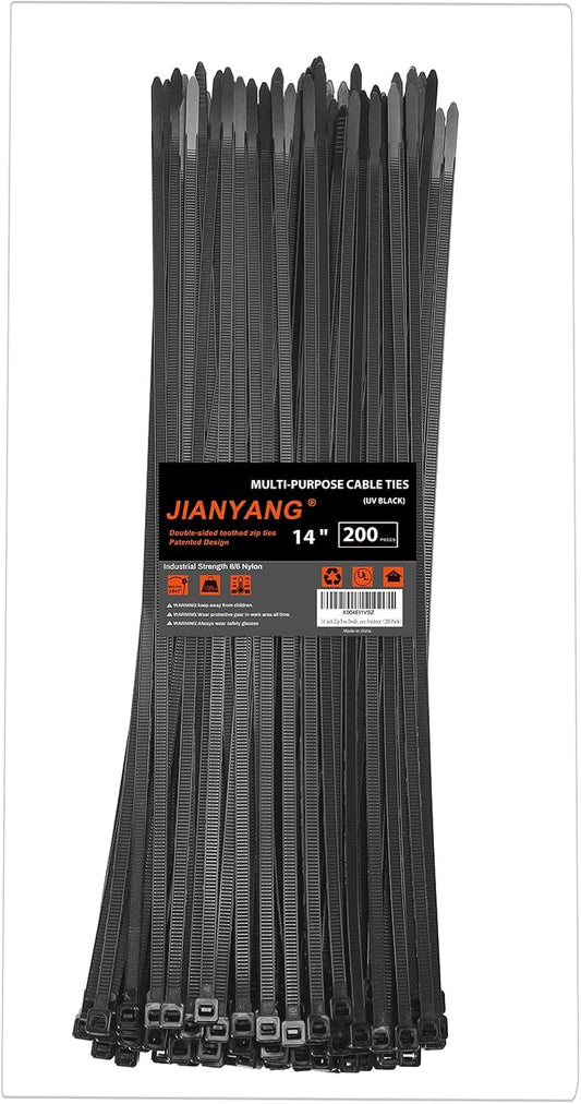 14 Inch Zip Ties Double Sided Toothed,100 LBS Tensile Strength Heavy Duty Cable Wire Ties With Self-Locking Adjustable More Durable Nylon Tie Wraps for Indoor Outdoor（200 Pack）