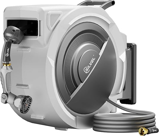 Retractable Garden Hose Reel, 5/8 in x 110FT Heavy Duty Auto Hose Reel Wall Mounted, Upgraded UV Resistant with 10 Pattern Nozzle, Any Length Lock & Slow Return System, 180°Swivel Bracket, Light Grey
