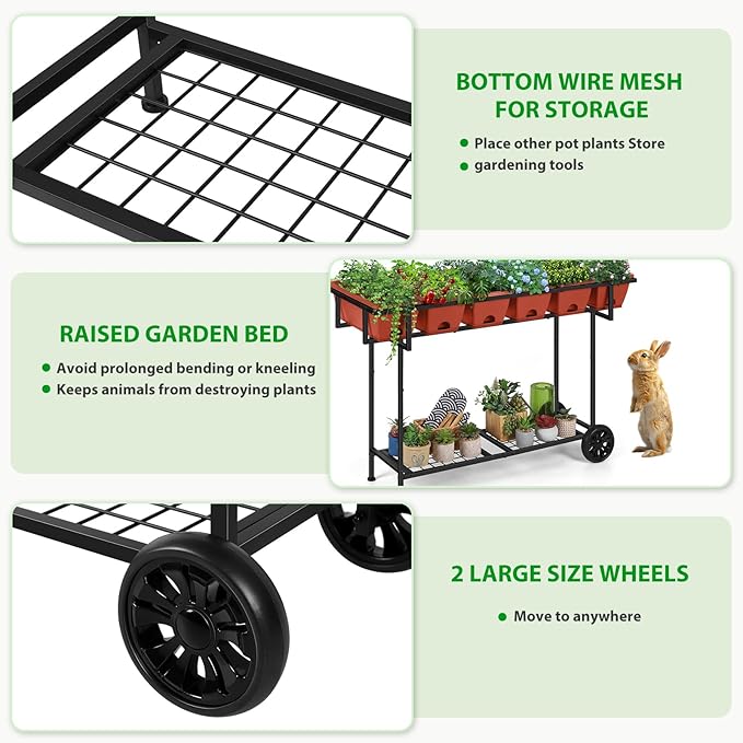 Vrisa Elevated Raised Garden Bed Outdoor with Legs 43x17x29 in Plastic Standing Planter Box with Storage Shelf and Wheels Vegetables Herbs Flowers Gardening Boxes for Backyard, Patio, Balcony, Black