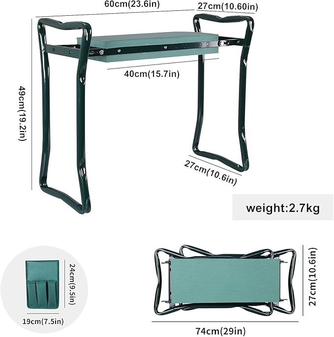 2 in 1 Garden Kneeler and Seat Bench Foldable Stools with 2 Tool Pouches EVA Foam Pad, Perfect Gardening Gifts for Parent Gardener Elderly
