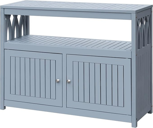Greesum 2-Tier Outdoor Storage Cabinet in Acacia Wood, with 2 Magnetic Doors, for Garden, Picnic, Buffet, TV Stand, or Bar Table, Grey