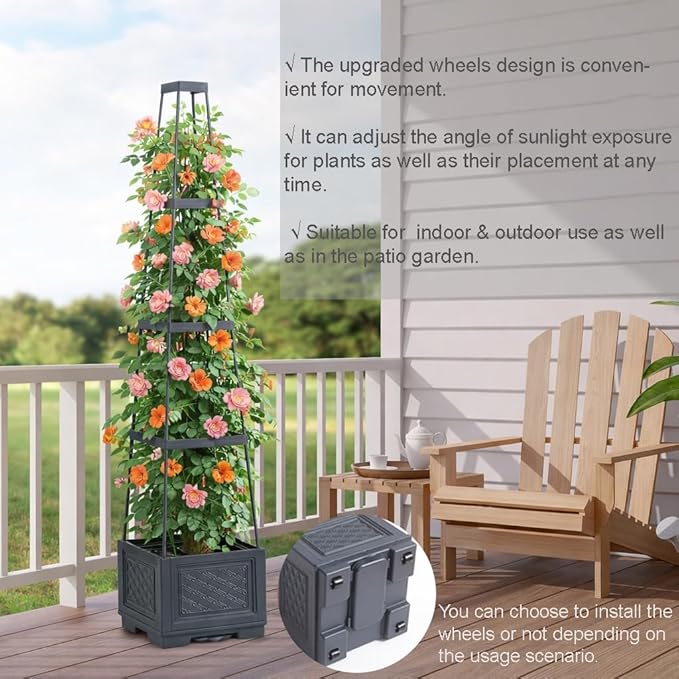 2PCS Raised Garden Bed Rolling Tomato Planter with Trellis, 57" Self-Watering Tomato Cage Planters Box for Climbing Plants Vegetable Flower Patio Garden Balcony Outdoor & Indoor (with Wheels)