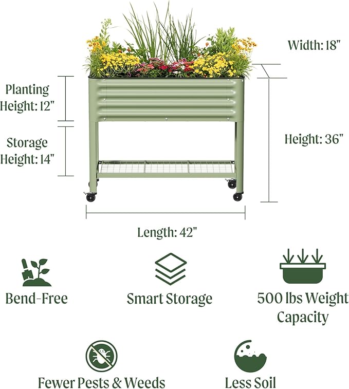 Rolling Elevated Raised Garden Bed - Slim Series, 1.5' x 3.5' Outdoor Planters Boxes with Legs & Storage Rack for Patio, 500 Lbs Weight Capacity, Raised Beds for Gardening Herbs Flowers, Pearl White