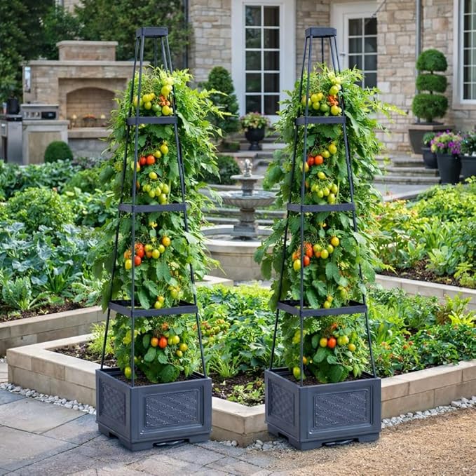 2PCS Raised Garden Bed Rolling Tomato Planter with Trellis, 57" Self-Watering Tomato Cage Planters Box for Climbing Plants Vegetable Flower Patio Garden Balcony Outdoor & Indoor (with Wheels)