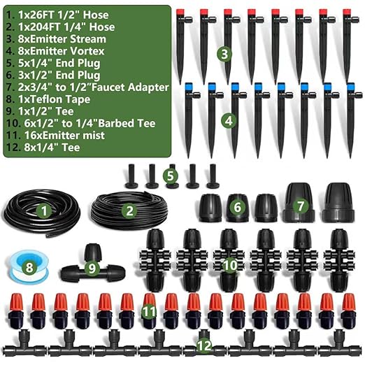 230FT Watering System for Outdoor Plants, Quick-Connect Garden Drip Irrigation Kits with 1/2" & 1/4",Hose Irrigation Equipment, Adjustable Nozzles & Sprinklers for Yard, Greenhouse,Raised Bed,Lawn