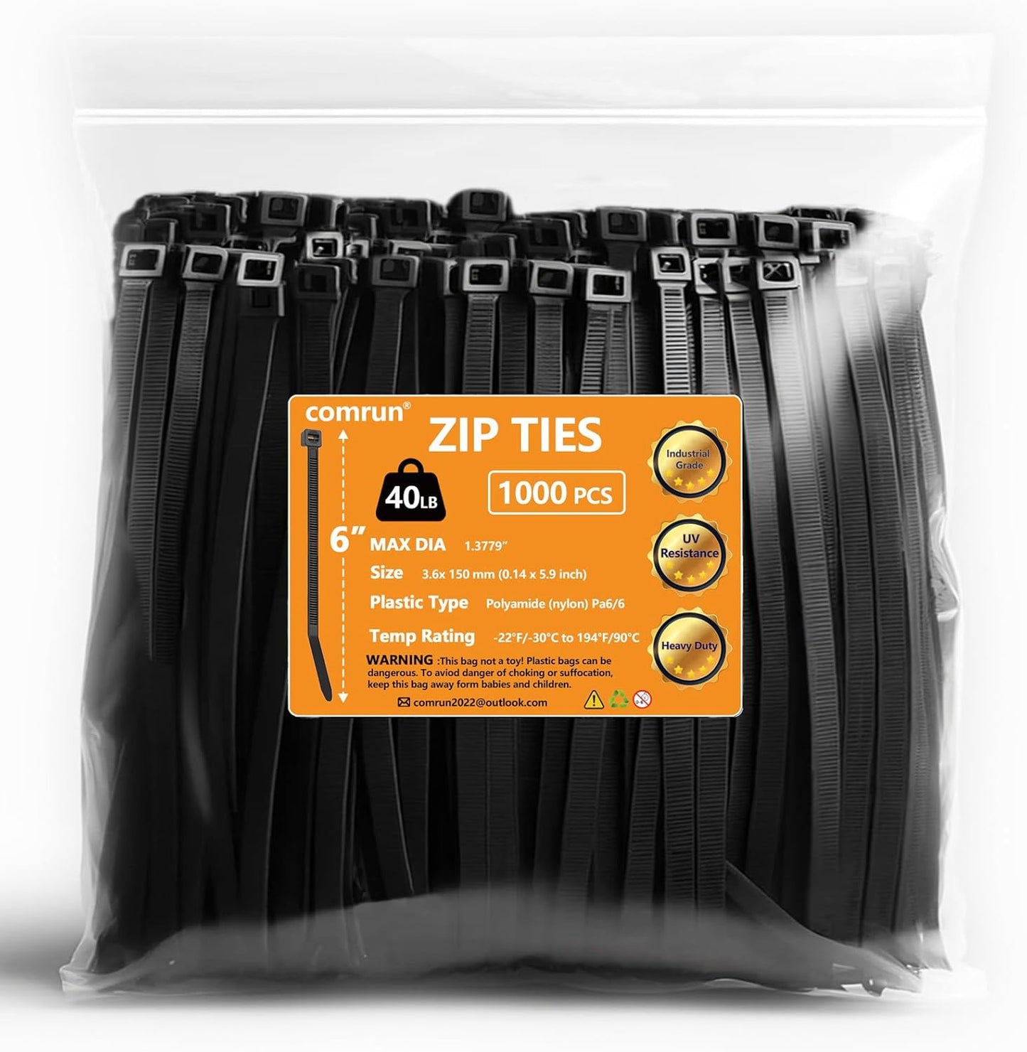 1000pcs 6Inch Black Cable Tie,Nylon Zip Ties,Industrial Grade, 40 Pounds Tensile Strength, UV Resistant,Heavy Duty,for Home,Garden Trellis,Office,Garage and Workshop