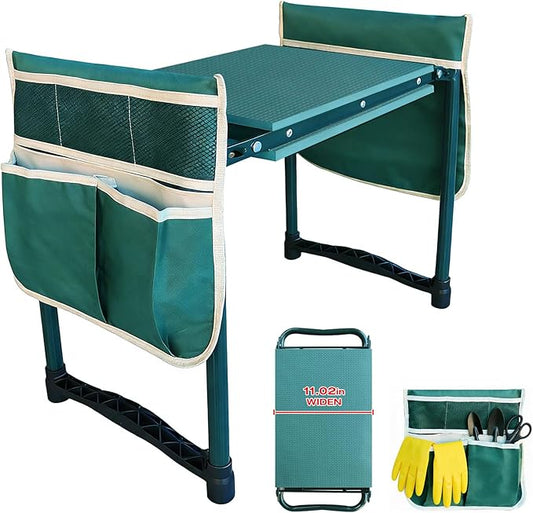 Heavy-Duty Garden Kneeler and Seat with Two Tool Bag Extra-Wide 11.02" Foldable Gardening Stool for Knee & Back Support | Non-Slip, Portable Bench for Women, Men, Seniors, Mom, Dad