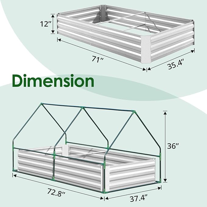 Quictent Raised Garden Bed with Cover Outdoor Galvanized Metal Planter Box Kit, w/ 2 Large Screen Windows Mini Greenhouse 20pcs T Tags 1 Pair of Gloves Included for Growing Vegetables 6x3x1ft (Clear)