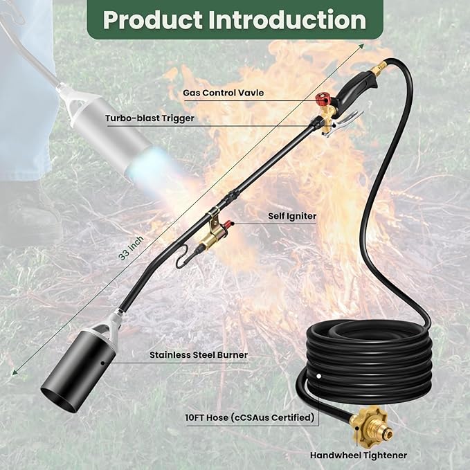 Portable Propane Torch Weed Burner Kit with Storage Bag, High Output BTUs Weed Torch with 10 FT Hose, Self Igniter Weed Flame Torch for Campfires,Roofing,Melting Snow and Ice,Road Marking