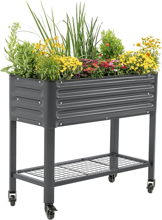Rolling Elevated Raised Garden Bed - Slim Series, 1.5' x 3.5' Outdoor Planters Boxes with Legs & Storage Rack for Patio, 500 Lbs Weight Capacity, Raised Beds for Gardening Herbs Flowers, Modern Gray
