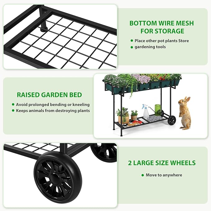 Vrisa Raised Garden Bed with Legs 43x17x29 in Plastic Elevated Planter Box Outdoor with Storage Shelf and Wheels Vegetables Herbs Flowers Standing Garden Beds for Backyard, Patio, Balcony, Green
