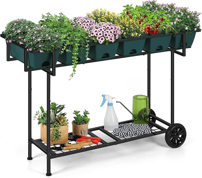 Vrisa Raised Garden Bed with Legs 43x17x29 in Plastic Elevated Planter Box Outdoor with Storage Shelf and Wheels Vegetables Herbs Flowers Standing Garden Beds for Backyard, Patio, Balcony, Green
