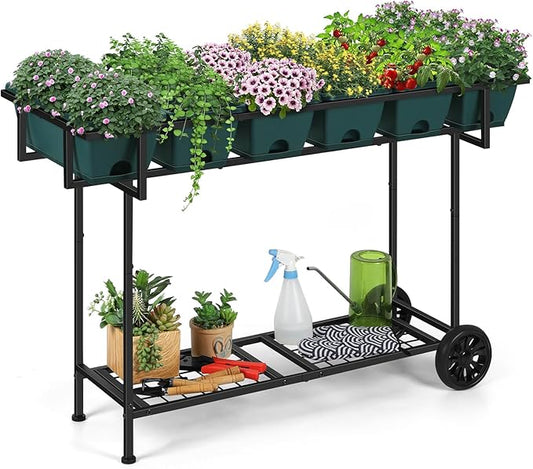 Vrisa Raised Garden Bed with Legs 43x17x29 in Plastic Elevated Planter Box Outdoor with Storage Shelf and Wheels Vegetables Herbs Flowers Standing Garden Beds for Backyard, Patio, Balcony, Green