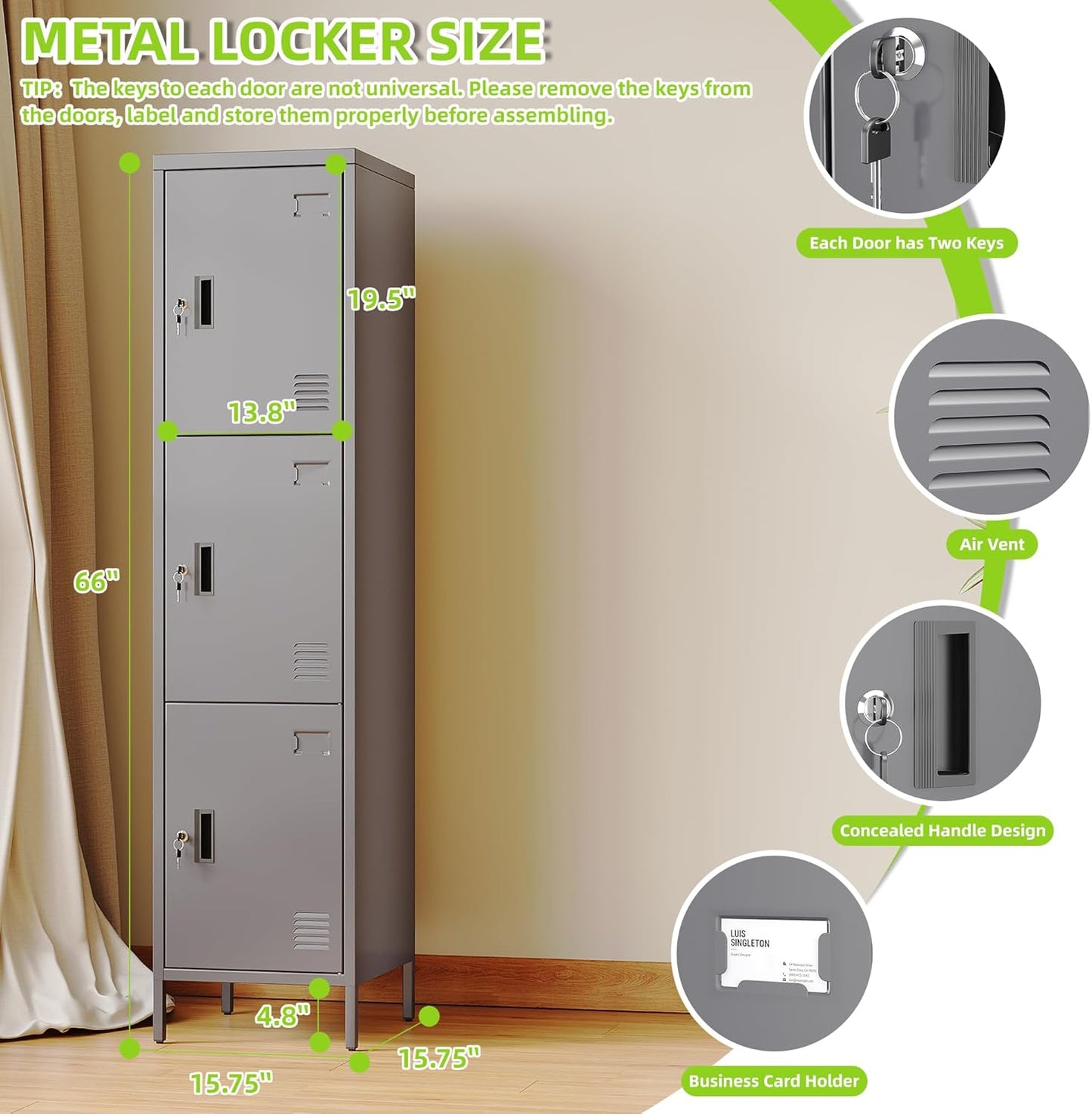 Metal Locker with Hooks and Ventilation Holes,Metal Storage Locker with Keys and Business Card Slot for Home,Gym,Garage,School,Office,66" H×15.75" W× 15.75" D,Assembly Required,Dark Grey