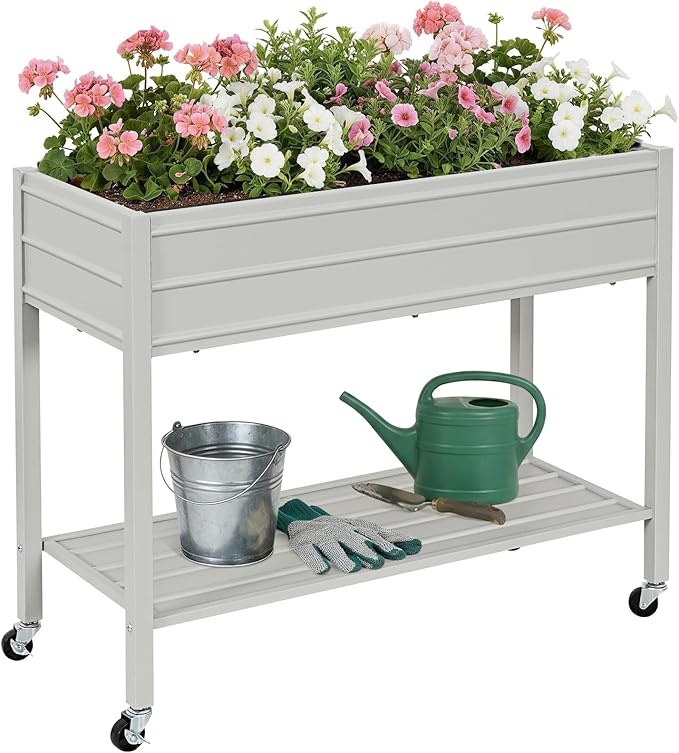 ZORMY 32" Tall Galvanized Raised Garden Bed with Legs Wheels & Shelf, Elevated Planter Box Outdoor for Vegetables, Herbs & Flowers, Patio & Backyard, Garden Bed with 400lb Capacity，Grey