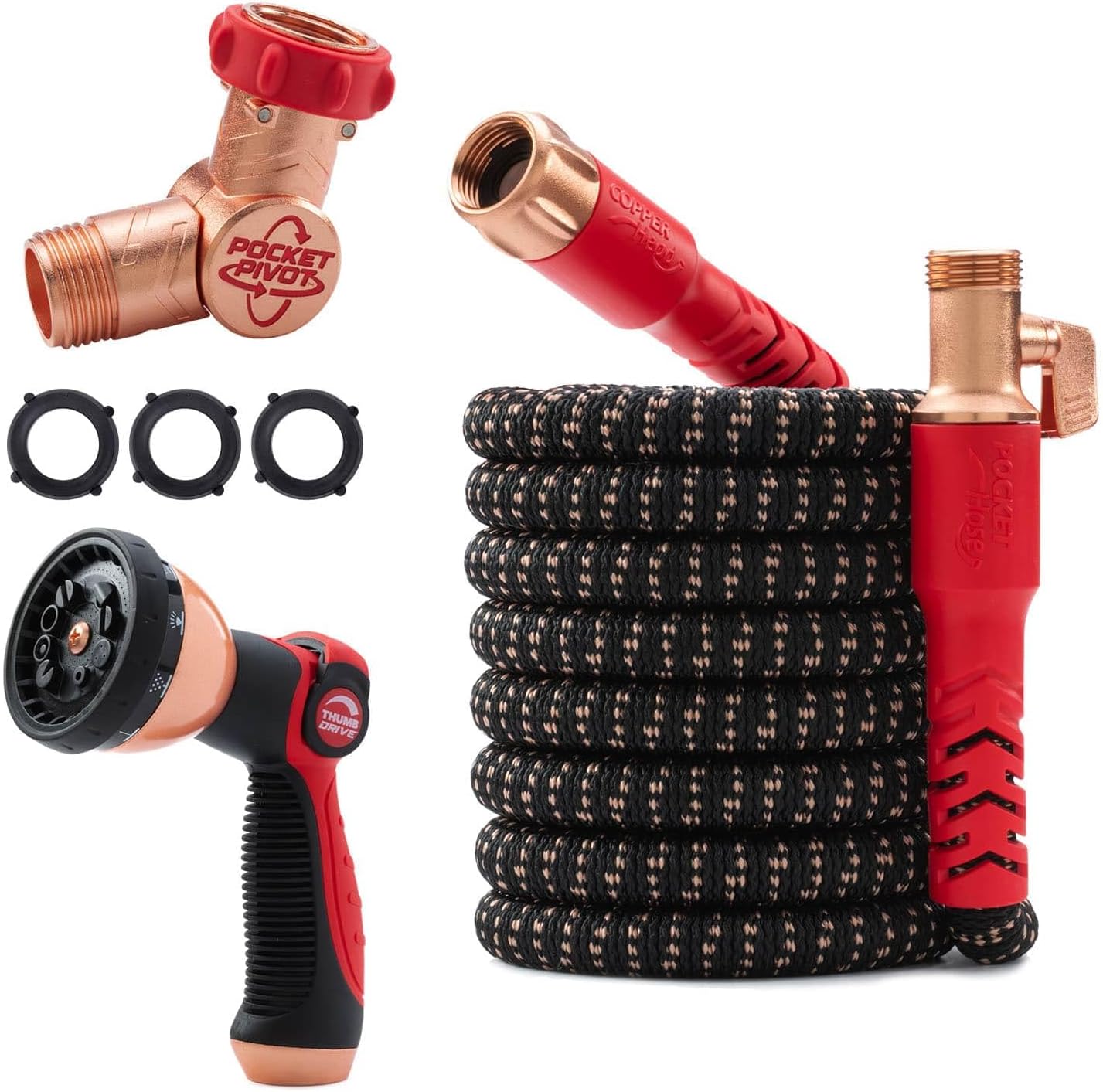 Pocket Hose Copper Head UV w/Pocket Pivot, Expandable Garden Hose 50 FT w/10 Pattern Thumb Sprayer AS-SEEN-ON-TV 650psi 3/4in Ultra-Light Solid Copper Anodized Aluminum Fittings No-Kink No-Lead