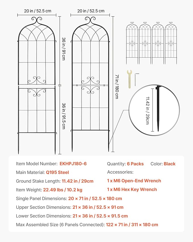 VEVOR 6 Packs Metal Garden Trellis for Climbing Plants Outdoor 71x20in, Rustproof Plant Tall Trellis for Rose Vine Flowers and Vegetables