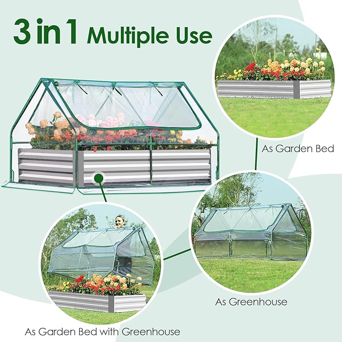 Quictent Raised Garden Bed with Cover Outdoor Galvanized Metal Planter Box Kit, w/ 2 Large Screen Windows Mini Greenhouse 20pcs T Tags 1 Pair of Gloves Included for Growing Vegetables 6x3x1ft (Clear)