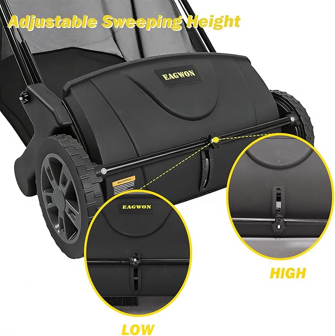 Push Lawn Sweeper, 21-Inch Width, 3.5 Cu. Ft. Hopper Capacity, 4 Spinning Brushes, Adjustable Height, Durable Steel Frame with Rubber Wheels, Black