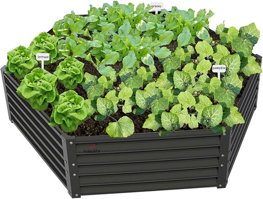A ANLEOLIFE Hexagon Galvanized Metal Raised Garden Bed Outdoor, 70x60x18in Deep Metal Planter Box for Flowers, Herbs & Vegetables, 18'' Tall Decorative Raised Bed, Quartz Grey