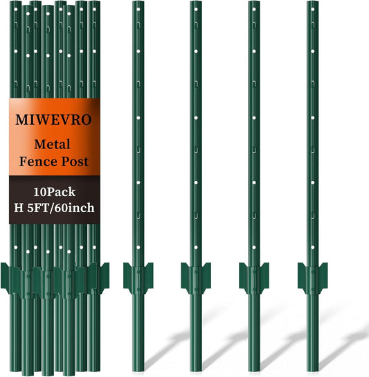 10 Pack Garden Fence Post, 5 Feet Heavy Duty Metal U-Post for Wire Fence, No Dig Garden Fence Stakes for Temporary Fencing, Electric Fence Wire, Corner Anchor, and More-Green