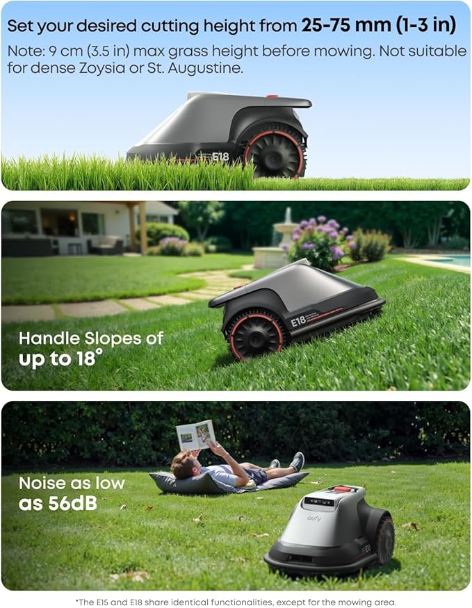 eufy E18 Robot Lawn Mower,Max 0.3 Acres,Wireless Robot Mower with Auto Mapping,Vision Navigation,Multi-Zone Management + Official Accessories: Replacement Blades Box with 3*(9 Lawn Mower Blades and 9