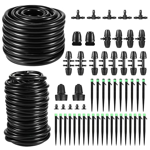 Drip Irrigation System for Garden, Adjustable Drip Irrigation Kit with Drip Emitters, 5/16" & 1/4" Irrigation Tubing & Barbed Fittings for Raised Beds, Lawn