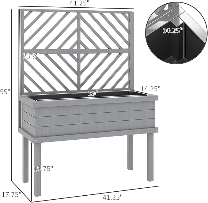 Outsunny Raised Garden Bed with Trellis for Climbing Plants, Vegetable, Grape Vines, Elevated Planter Box with Legs, Drainage Holes and Filter for Outdoor Garden, Patio, Gray