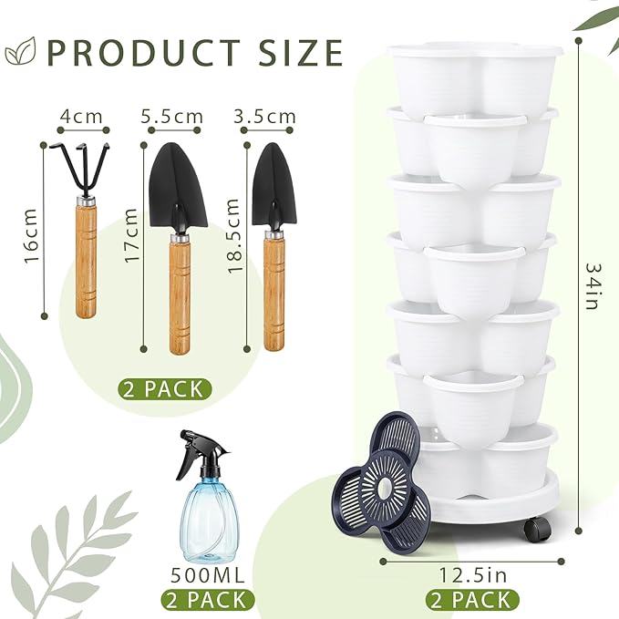 Umigy 2 Set White 7 Tier Stackable Vertical Planters with Removable Wheels and Tools Tower Planters Strawberry Herb Flower Vegetable Pots Indoor Outdoor Gardening Pots