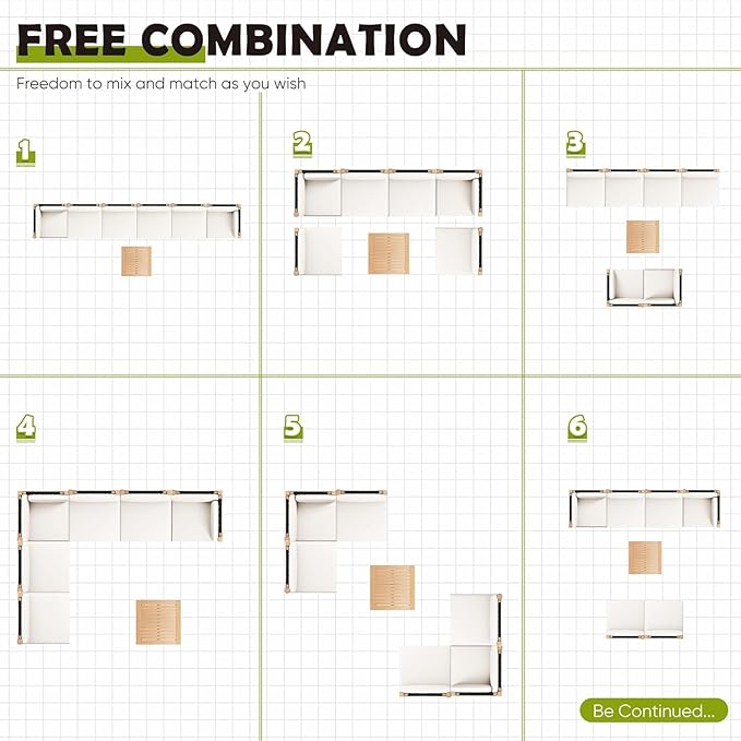 Greesum 7 Pieces Small Patio Sofa, Acacia Wood Frame, Padded Patio Conversation and Chairs Set for Garden, Backyard, Poolside, Beige