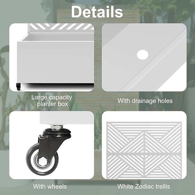Standing Metal Planter Box with Trellis and Wheels for Climbing Plants, Raised Garden Beds with Drainage Holes, 47" L×16" W×71" H Privacy Boxes with Trellis (White Zodiac)