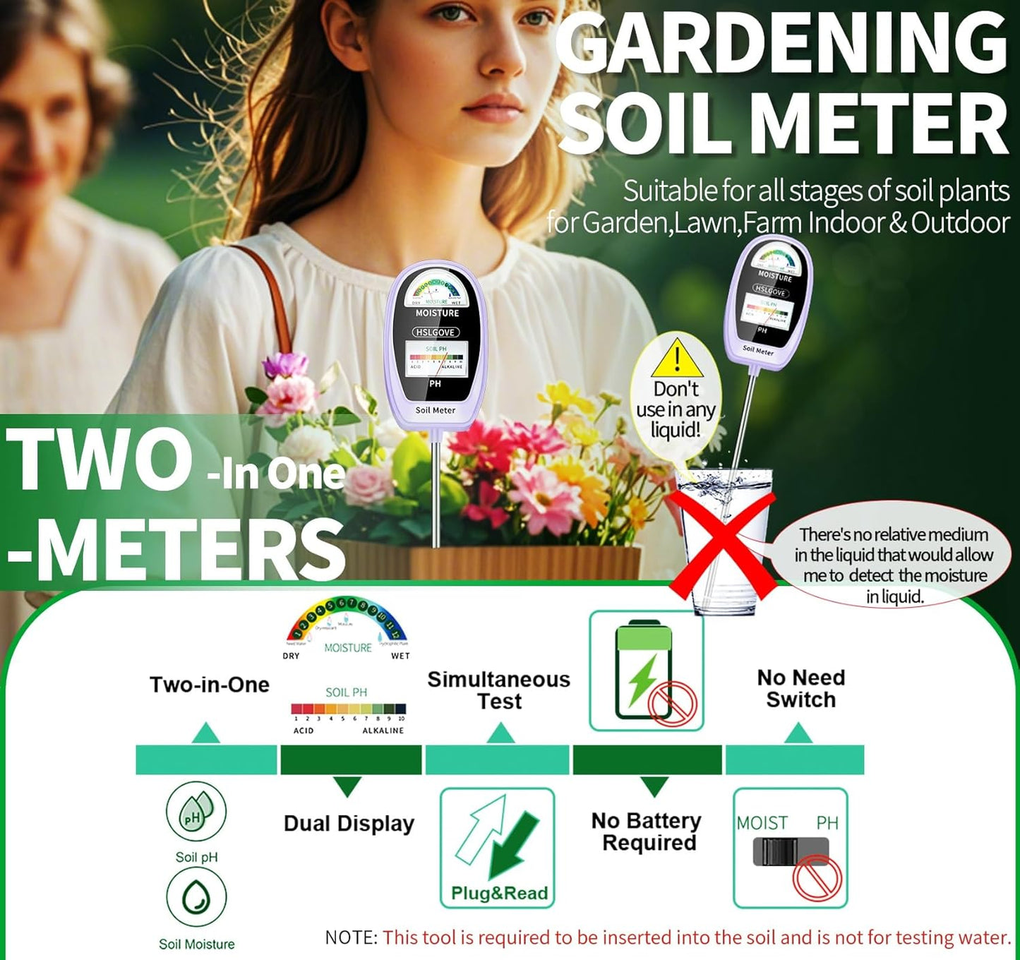 HSLGOVE Soil Test Kit, 2-in-1 Soil Moisture Meter/Soil PH Meter, Dual Screen Soil Tester, Soil Moisture Meter for Plants Watering/Gardening for Lawn,Farm Indoor&Outdoor Use-AgatePurple