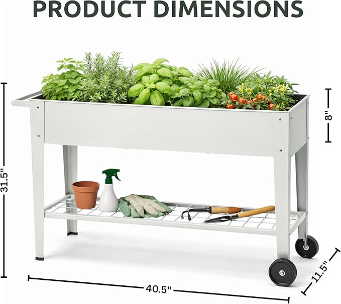 InSideOut Elevated 40" Raised Garden Bed Outdoor with Wheels & Shelf for Mobility, Metal Planter Box for Vegetables/Herbs, Patio-Balcony-Backyard (White)