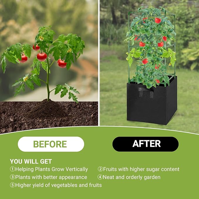 6 Pack Tomato Cages with 17 Gallon Grow Bags, 47” Heavy Duty Square Tomato Plant Stakes Support Cages Trellis for Garden Climbing Vegetables Flowers Fruits (47IN Tall, Extra-Bold)