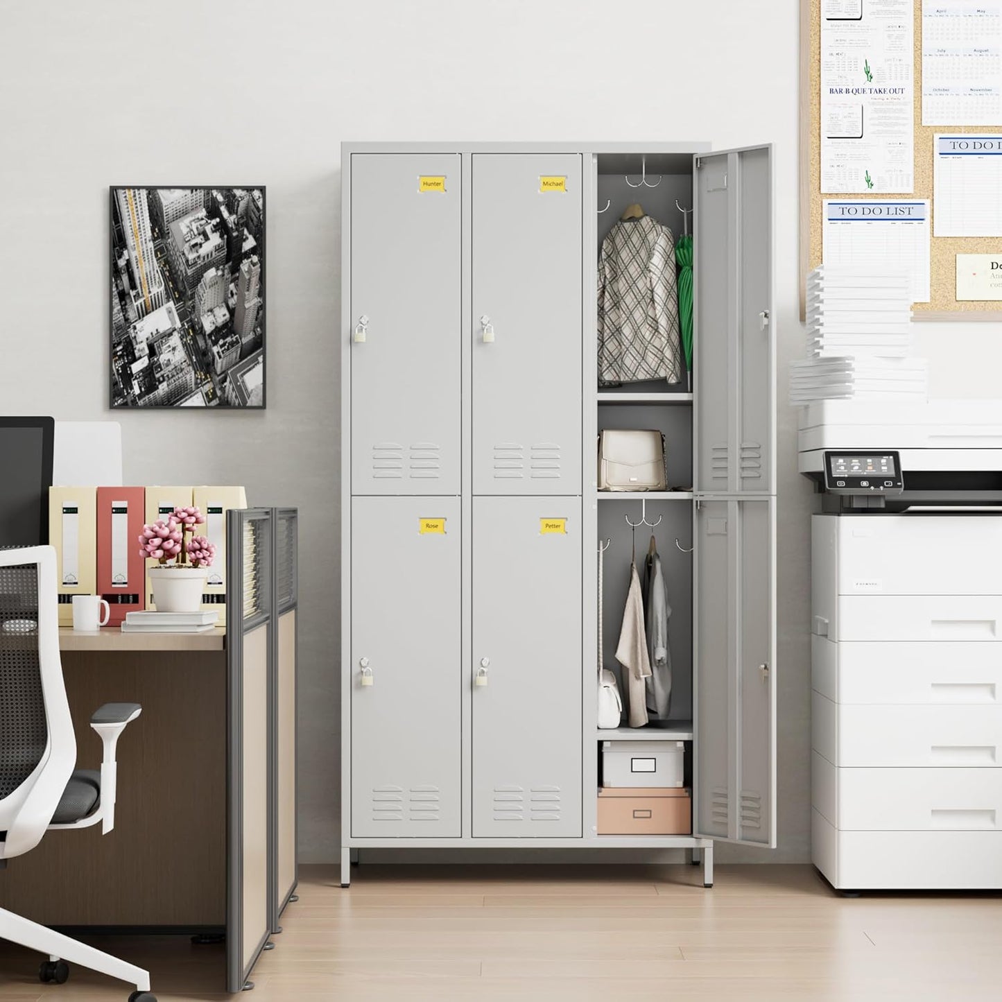 6 Doors Metal Storage Lockers for Employees with 18 Hooks,72" H Employee Lockers with Business Card Holder for Offices School Gyms Home,Assembly Required,Light Gray
