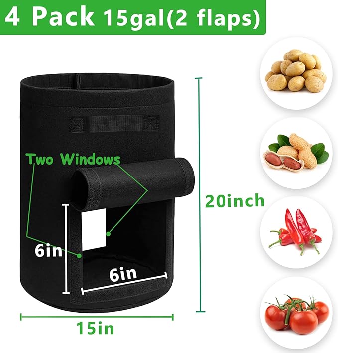 TCBWFY 4 Pack Potato Grow Bags with 2 Flaps 15 Gallon,Heavy Duty 14oz/yd² Planter Pot with Sturdy Handles and 2 Harvest Windows for Potato Tomato and Vegetables