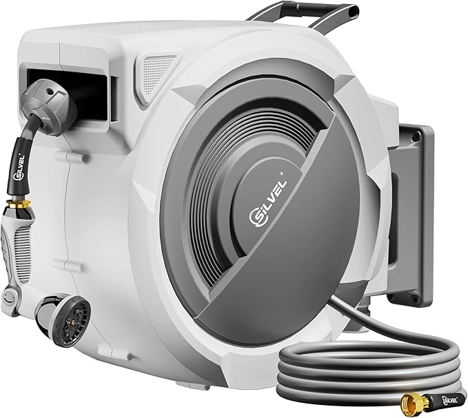 Retractable Garden Hose Reel, 1/2" x 150FT Heavy Duty Auto Hose Reel Wall Mounted, Upgraded UV Resistant with 10 Pattern Nozzle, Any Length Lock & Slow Return System,180°Swivel Bracket,Light Grey