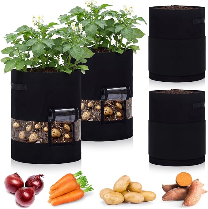 Baderke 4 Pack Visible Potato Grow Bags with Harvest Window, 360 Visibility Plant Grow Bags with Handles for Planting Potatoes, Tomatoes and Vegetables (20 Gallon,Black)