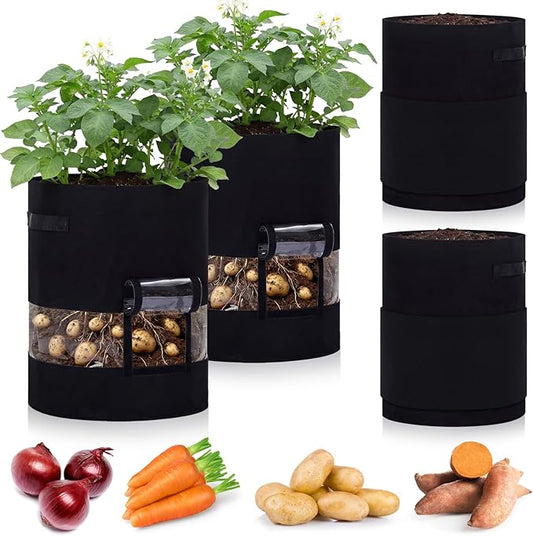 Baderke 4 Pack Visible Potato Grow Bags with Harvest Window, 360 Visibility Plant Grow Bags with Handles for Planting Potatoes, Tomatoes and Vegetables (20 Gallon,Black)