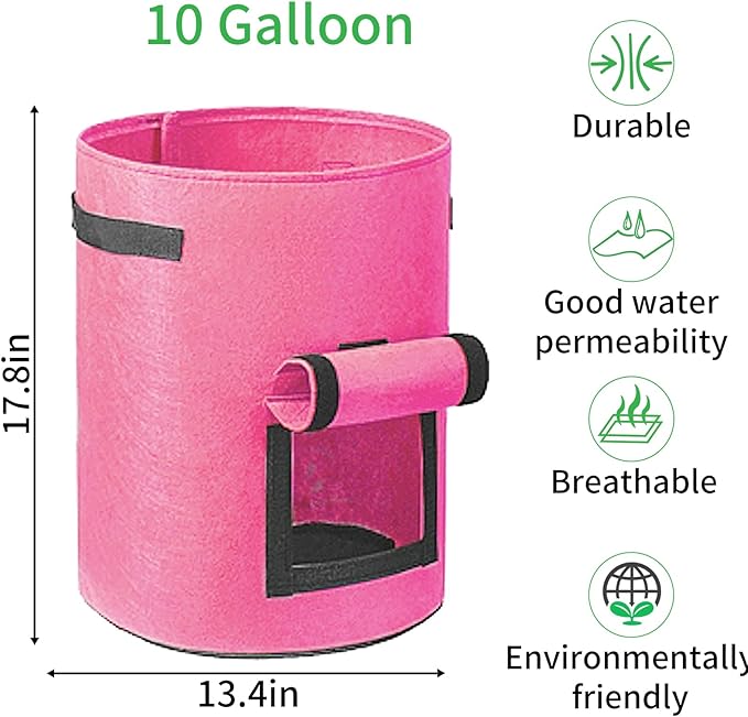 JJGoo 4 Pack Potato Grow Bags 10 Gallon with Flap, Heavy Duty Fabric with Handle and Harvest Window, Non-Woven Planter Pot Plant Garden Bags to Grow Vegetables Tomato, Rose Red