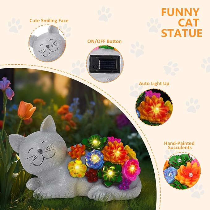 Solar Cat Garden Statues with Succulent and 6 LED Lights, Birthday Gifts for Women Mom Men, Outdoor Garden Decor for Cat Lover, Yard Decor Art Lawn Patio Balcony