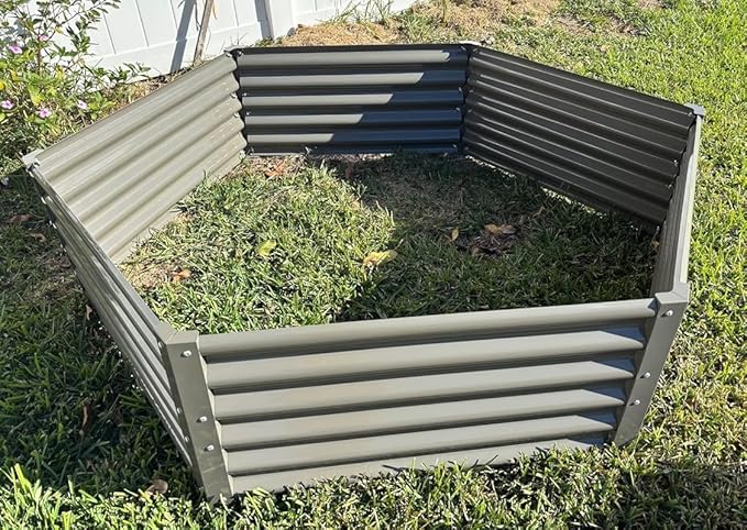 A ANLEOLIFE Hexagon Galvanized Metal Raised Garden Bed Outdoor, 70x60x18in Deep Metal Planter Box for Flowers, Herbs & Vegetables, 18'' Tall Decorative Raised Bed, Quartz Grey