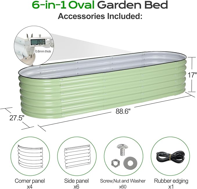 Aoodor 17" Tall Oval Galvanized Raised Garden Bed Kit, 6-in-1 Large Metal Outdoor Planter Box for Vegetables, Flowers, and Herbs, 7.5 x 2.3 x 1.5 Ft, Color