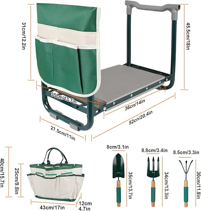 Garden Kneeler Seat Foldable Garden Stools Heavy Duty Gardening Bench for Kneeling and Sitting with Tool Pouch, Storage Bag and 3 Tools, Perfect Gardening Gifts for Parent Gardener